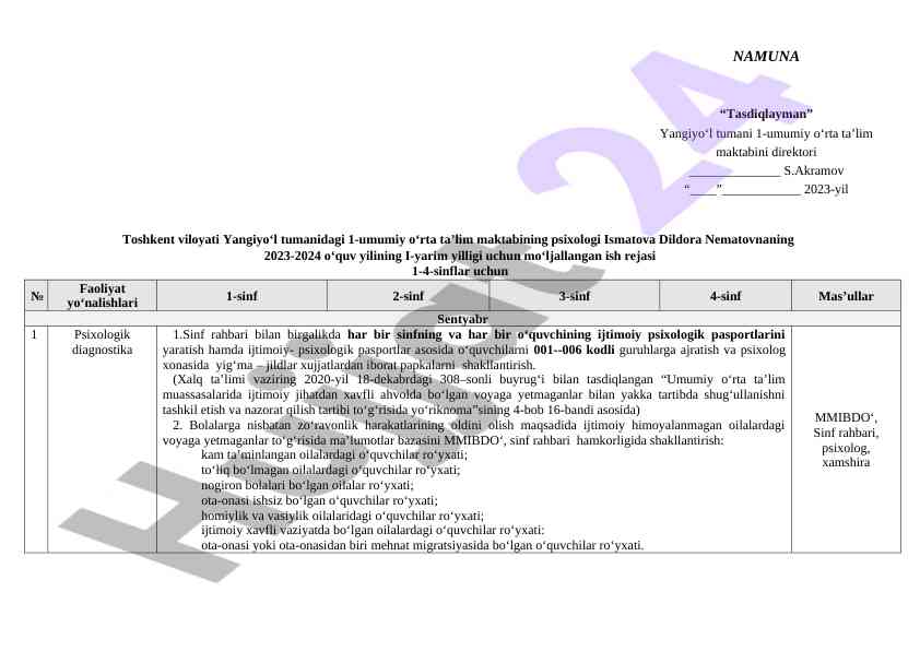 Psixologik diagnostika rejasi 2023-2024 oʻquv yili