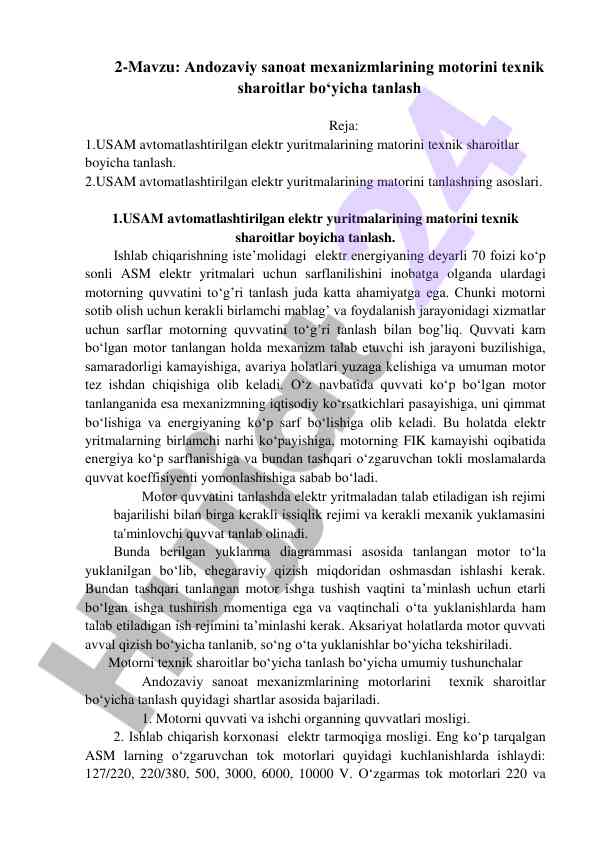 Andozaviy sanoat mexanizmlarining motorini tanlash