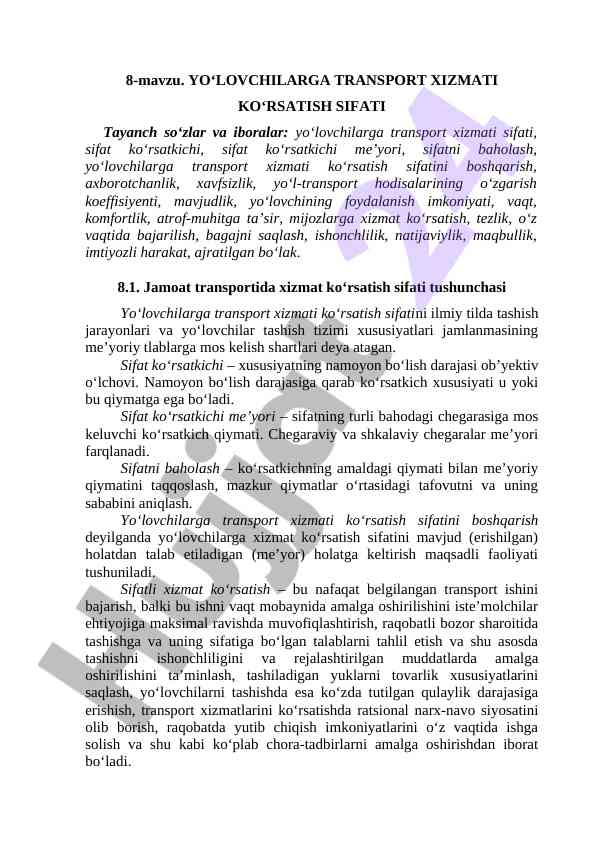Yo‘lovchilarga transport xizmati sifati boshqaruvi