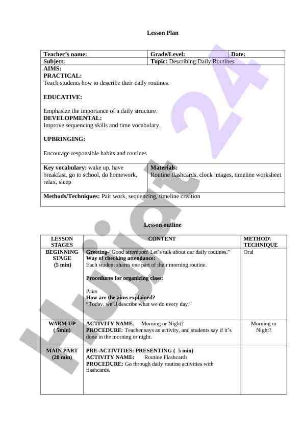 Kundalik Rutinalarni Tasvirlash Dars Rejasi