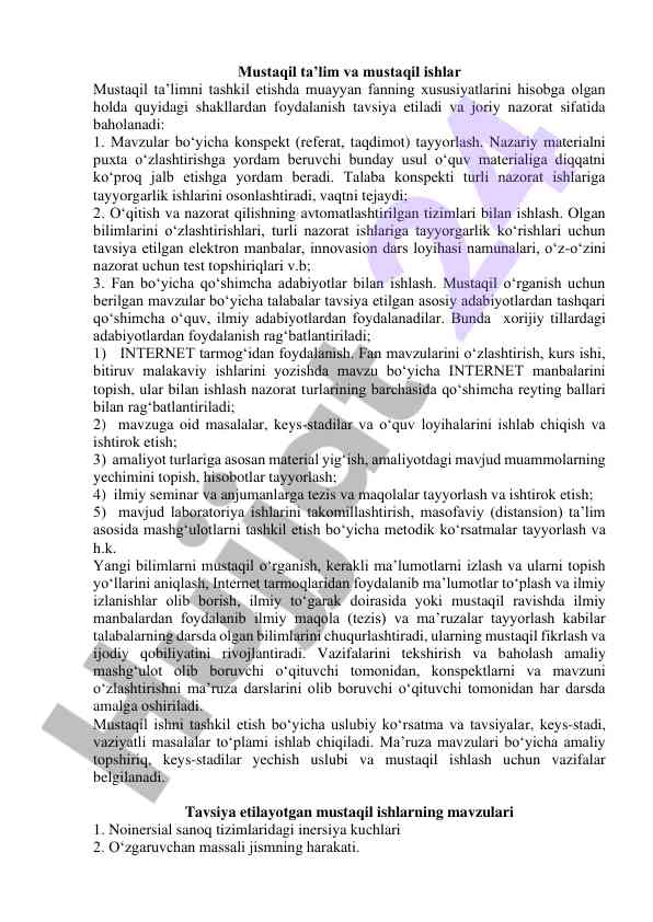 Mustaqil ta’lim va ishlar tizimi