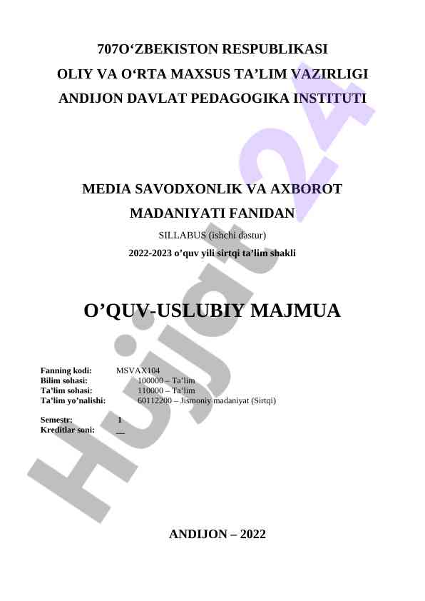 Media savodxonlik va axborot madaniyati fanidan sillabus