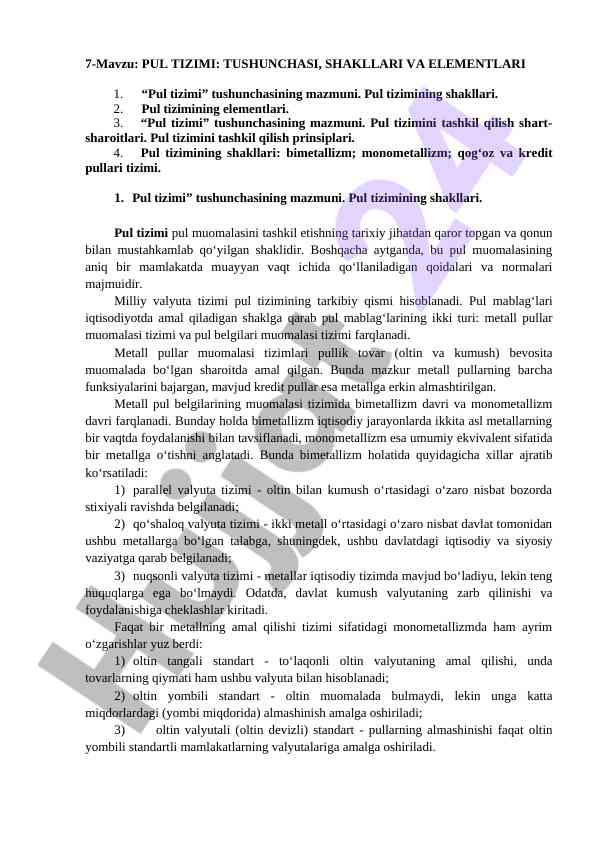 Pul tizimi tushunchasi, shakllari va elementlari