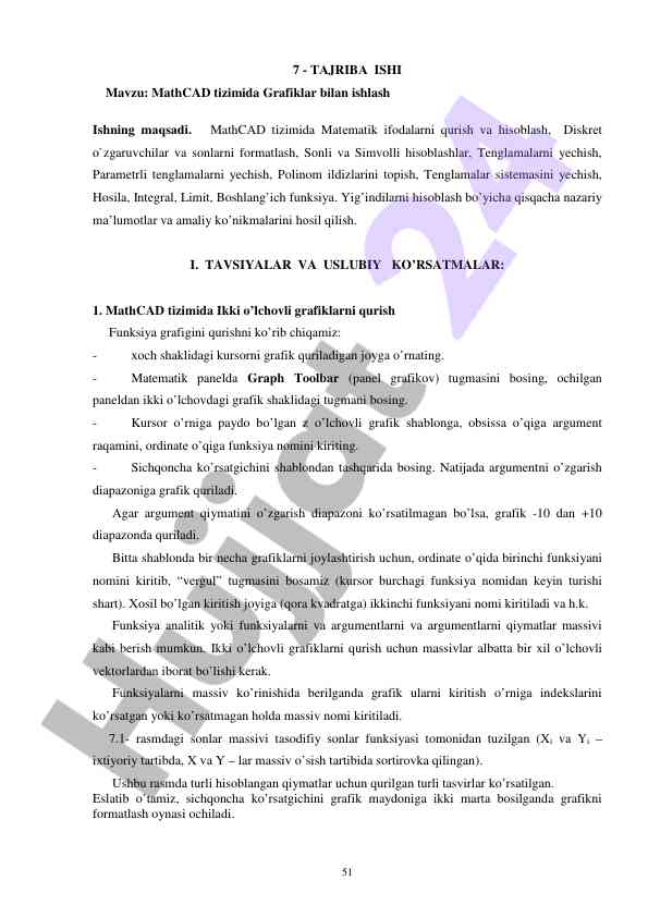 Mathcad tizimida grafiklar bilan ishlash