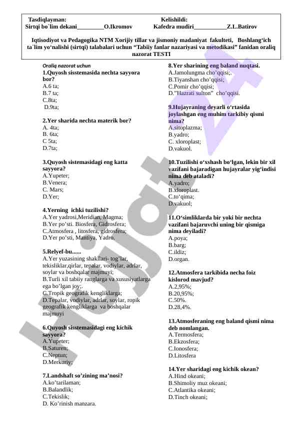 Geografiya fani bo'yicha test savollari