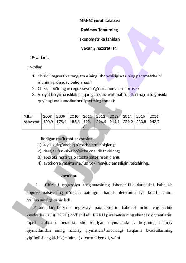 Chiziqli regressiya tenglamasi va parametrlar