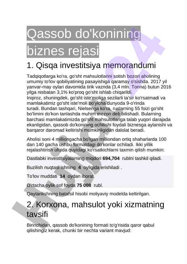 Qassob do'konining biznes rejasi va investitsiya memorandumi