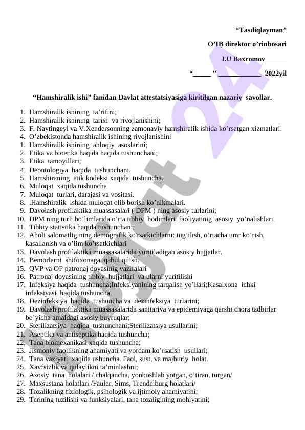 Hamshiralik ishining nazariy savollari va asoslari