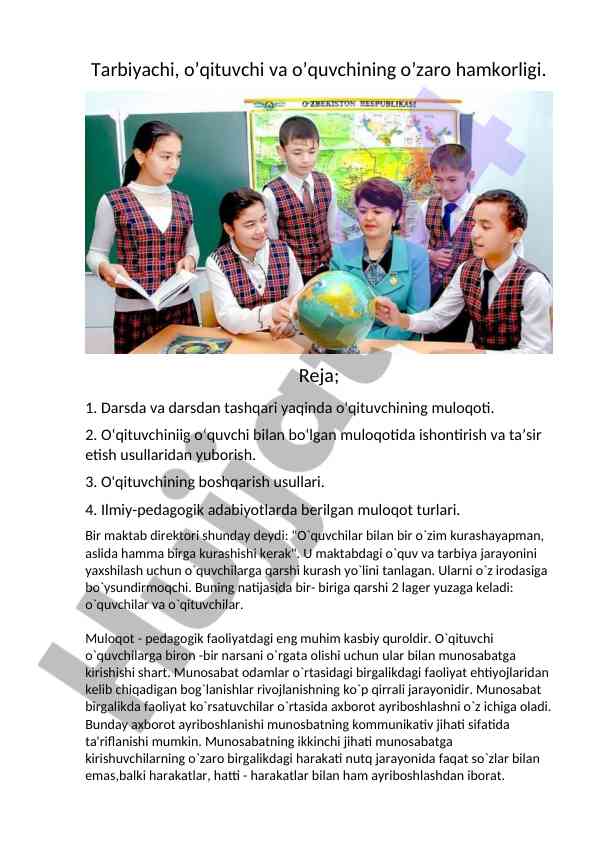 O'qituvchi va o'quvchi o'rtasidagi muloqot usullari