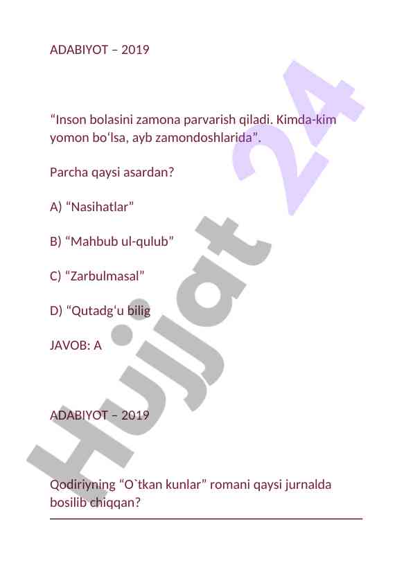 Adabiyot va ona tili testlari 2019