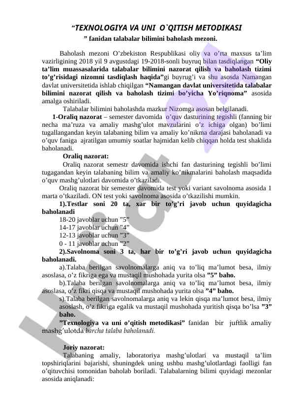 Talabalar bilimini baholash metodikasi