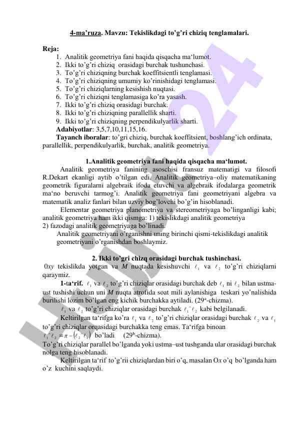 Tekislikdagi to’g’ri chiziq tenglamalari