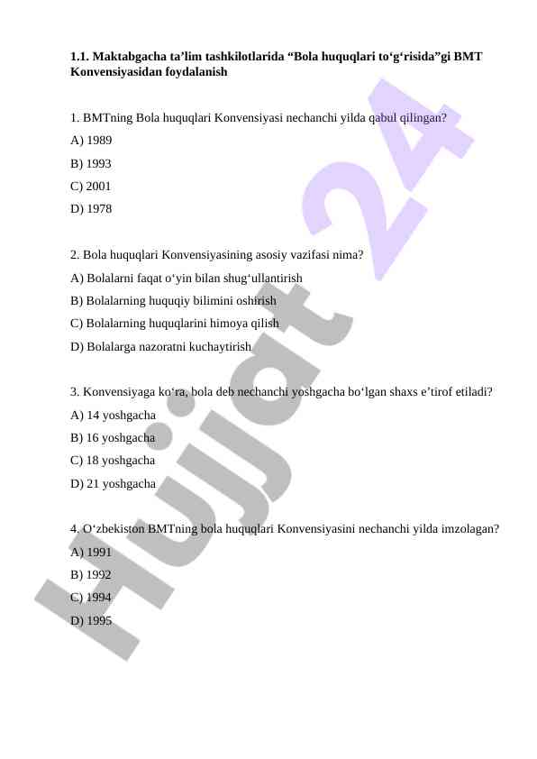 Bola huquqlari bo‘yicha test savollari