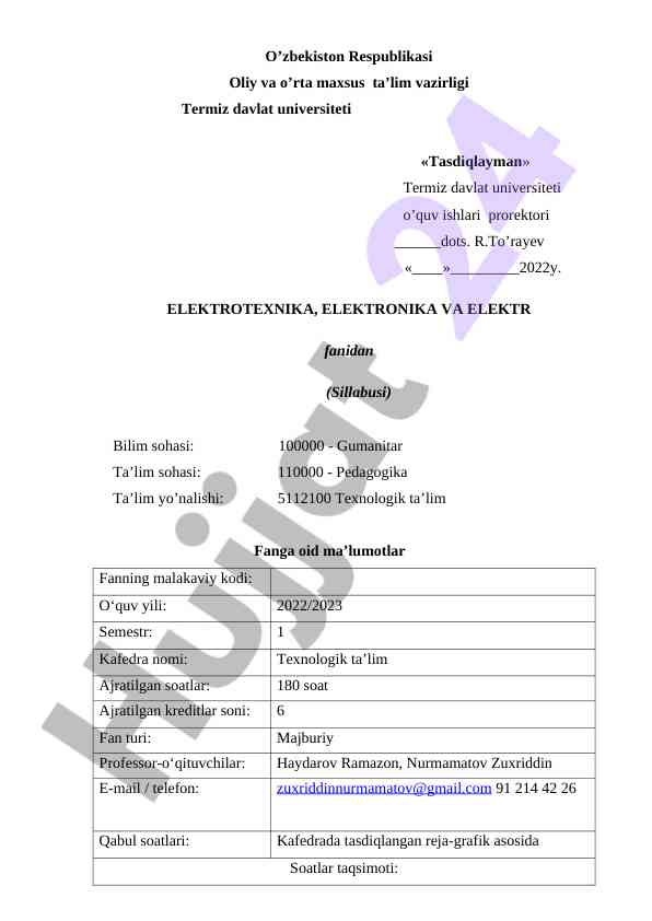 Electrotechnics syllabus for technological education