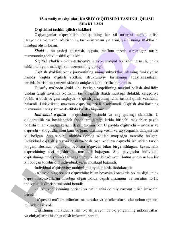 Kasbiy o'qitishni tashkil qilish shakllari