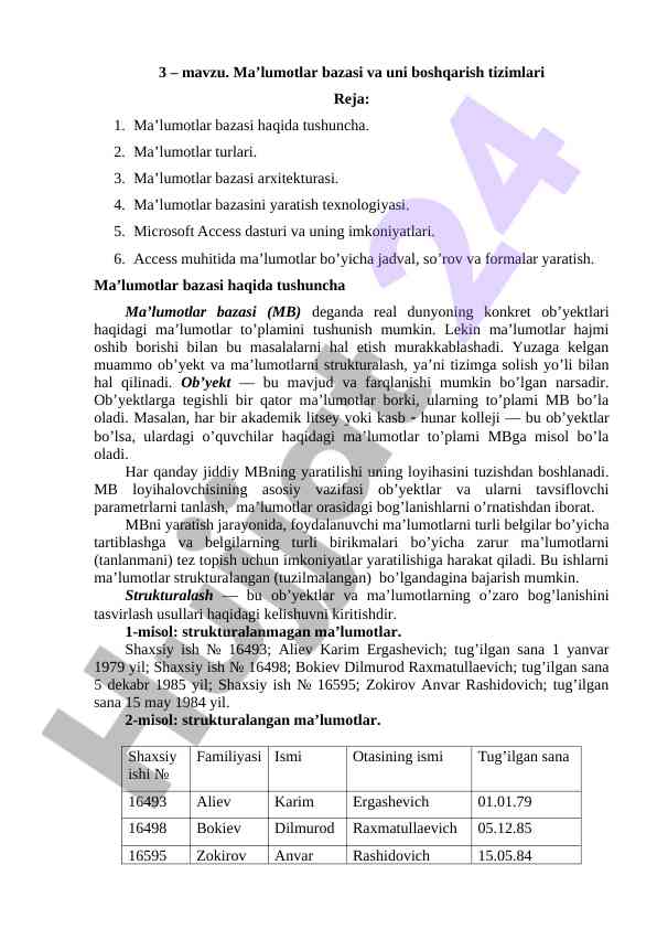 Ma’lumotlar bazasi va uni boshqarish tizimlari