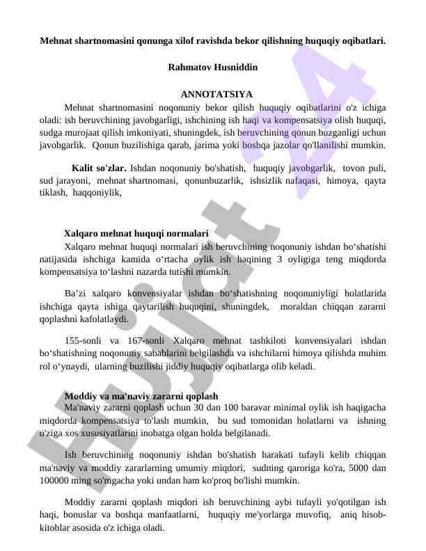 Mehnat shartnomasini bekor qilishning huquqiy oqibatlari