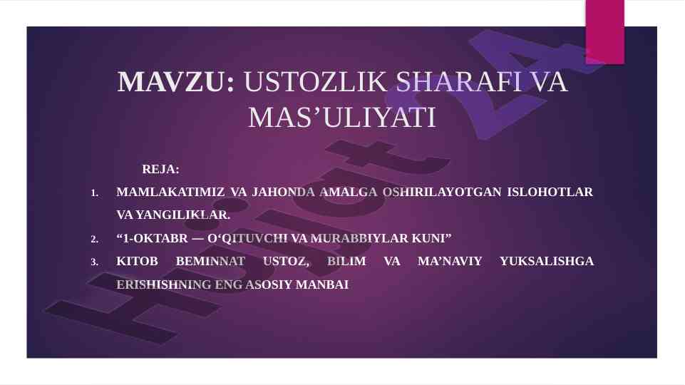 Ustozlik sharafi va mas'uliyati haqida referat