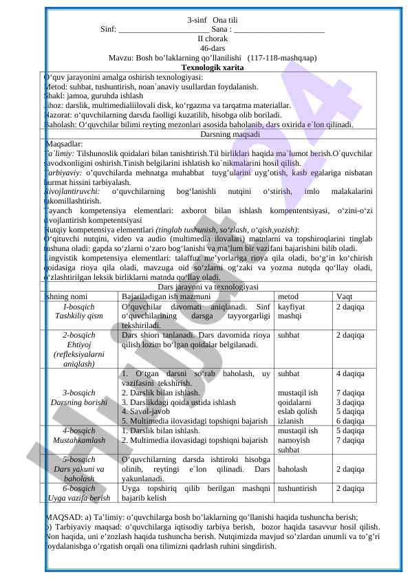 Bosh bo’laklarning qo’llanilishi dars rejasi