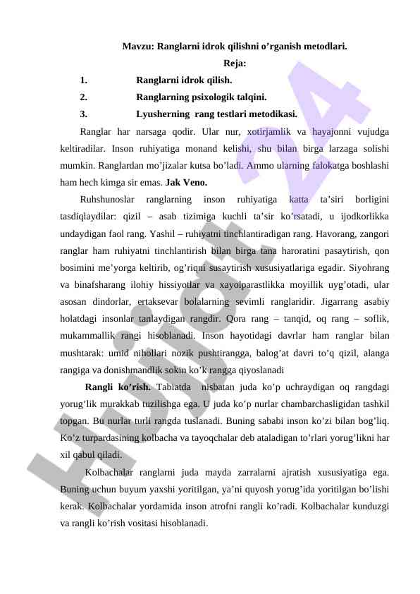 Ranglarni idrok qilishni o’rganish metodlari