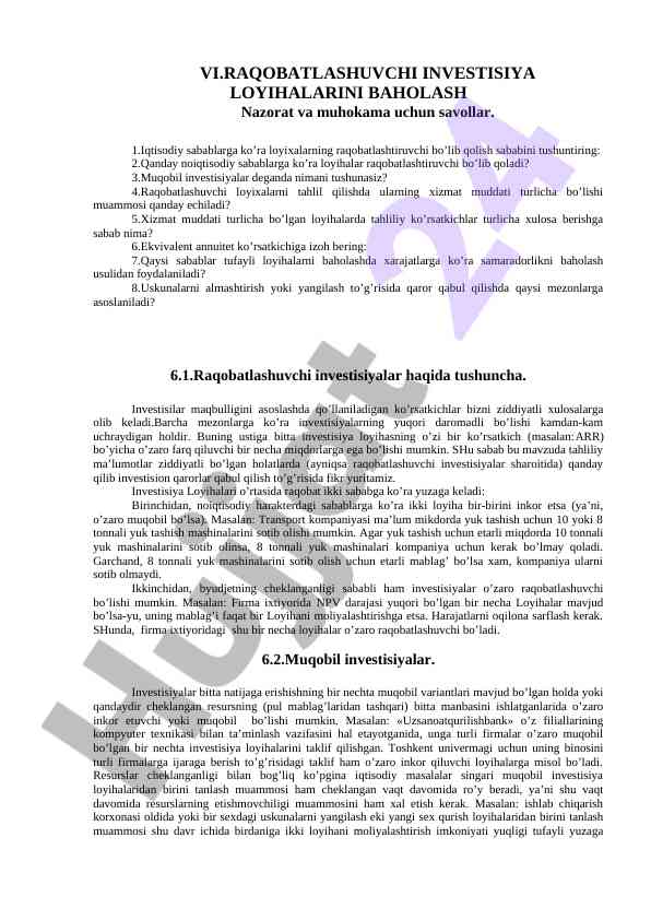 Investisiya loyihalarini baholash savollari