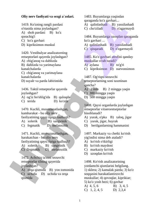 Oliy nerv faoliyati va sezgi a'zolari tahlili