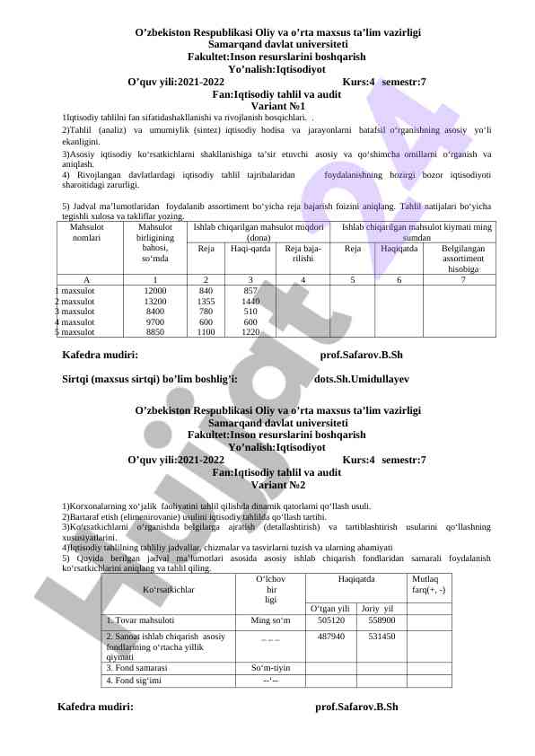 Iqtisodiy tahlil va audit kurs ishlari 2021-2022