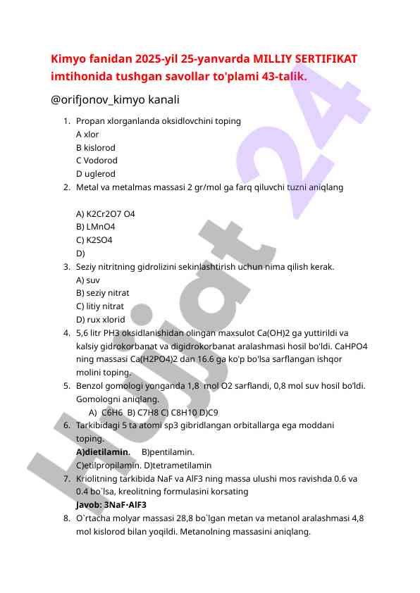 Kimyo fanidan milliy sertifikat imtihon savollari