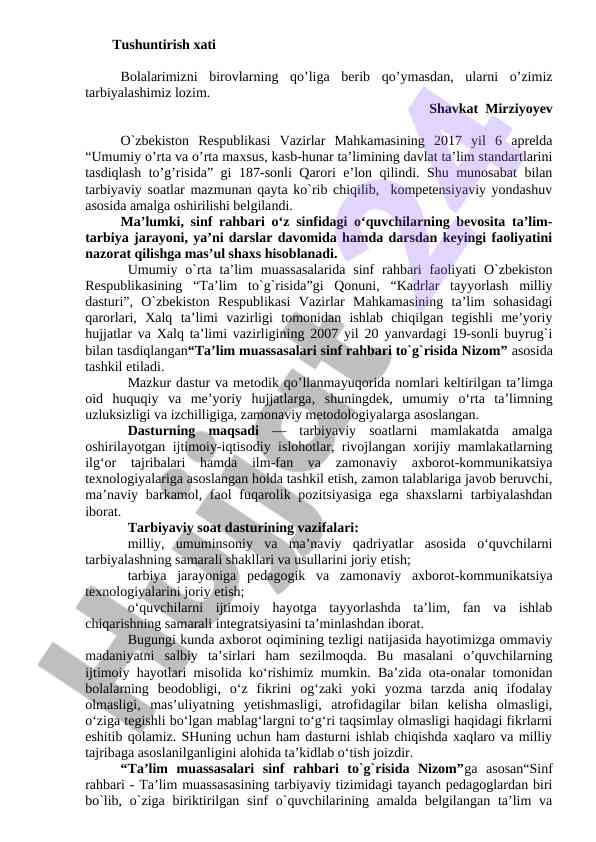 Tarbiyaviy soatlar va sinf rahbari faoliyati