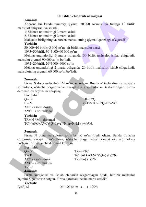 Ishlab chiqarish nazariyasi masalalari bo'yicha hisoblar