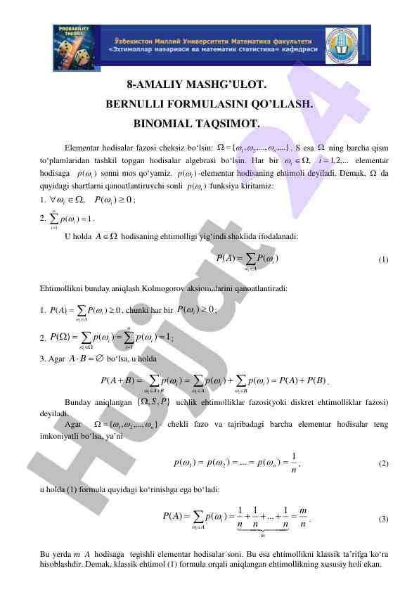 Binomial taqsimot va ehtimollik formula