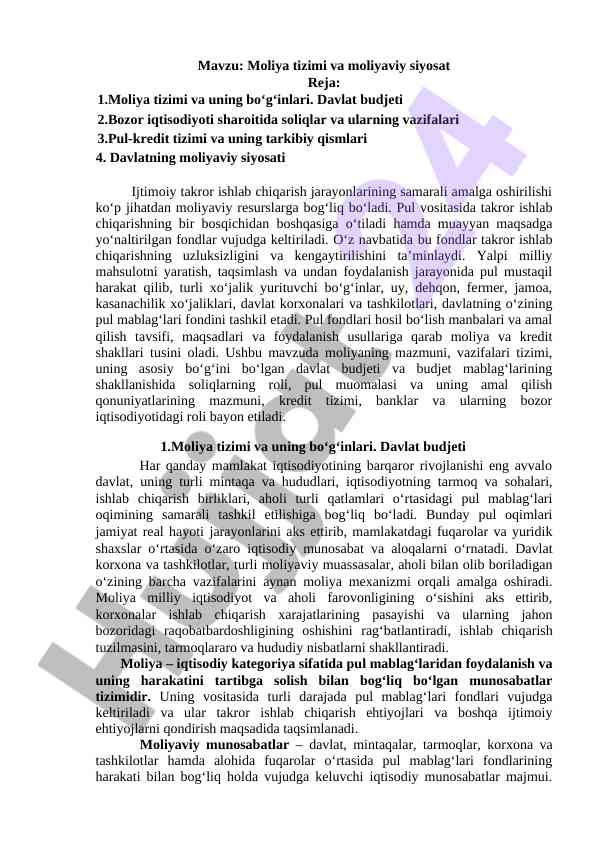 Moliya tizimi va moliyaviy siyosat tahlili