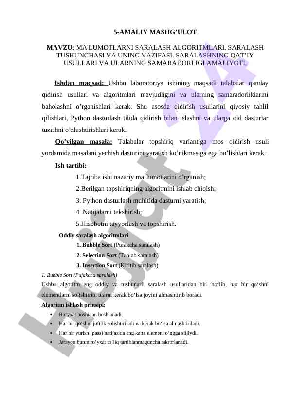 Ma'lumotlarni saralash algoritmlari amaliyoti