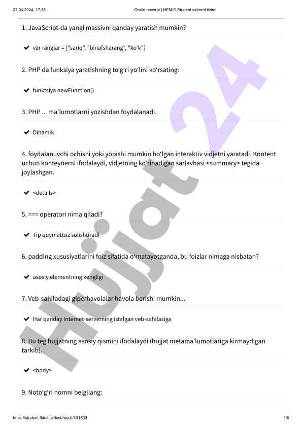 Javascript va php test savollari