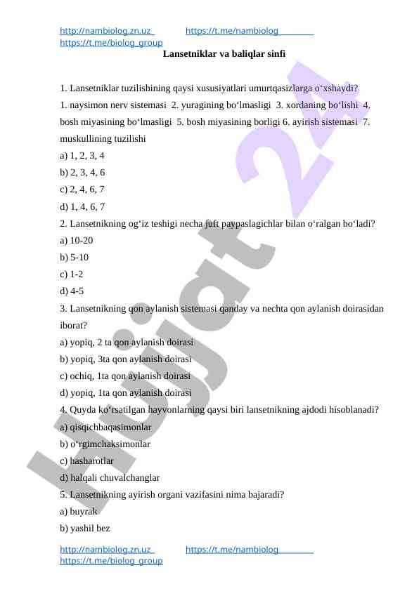 Lansetniklar va baliqlar sinfi test savollari