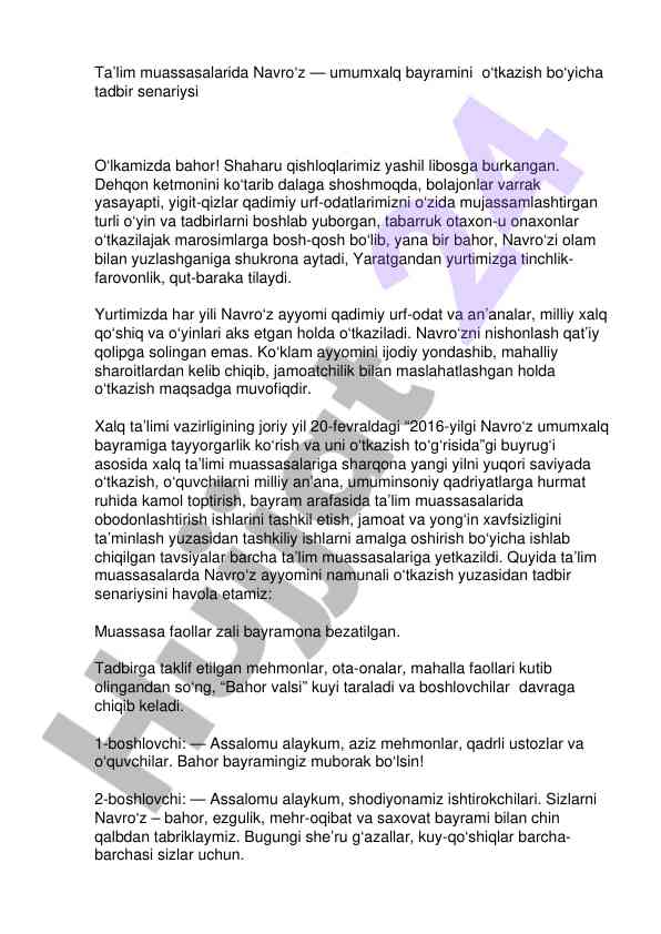 Navro'z bayrami o'tkazilishi uchun tadbir senariysi
