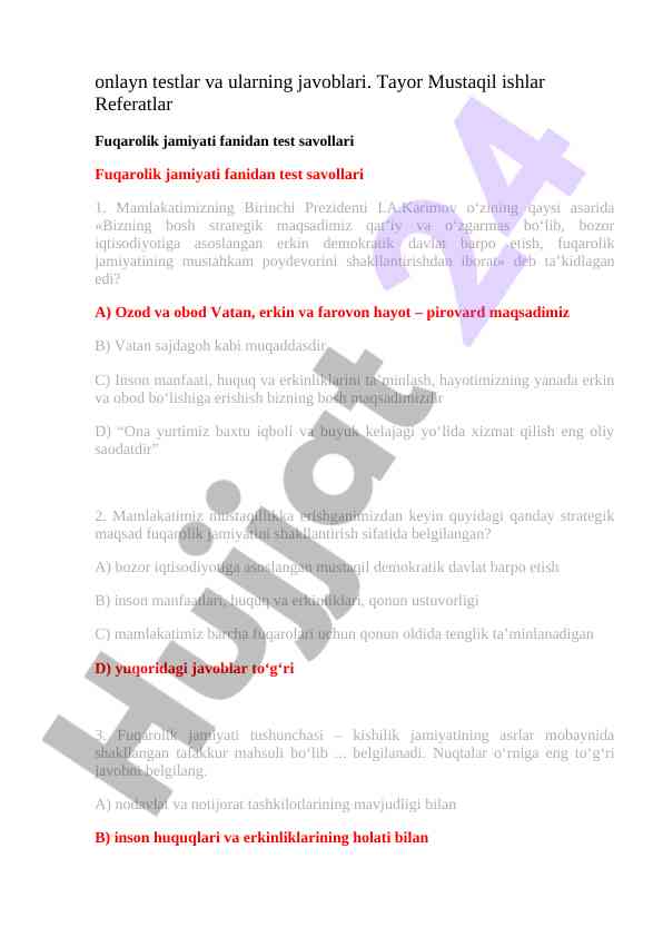 Fuqarolik jamiyati fanidan test savollari