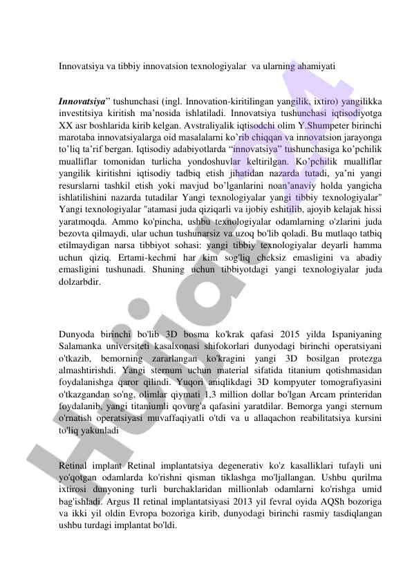 Innovatsiya va tibbiy innovatsion texnologiyalar