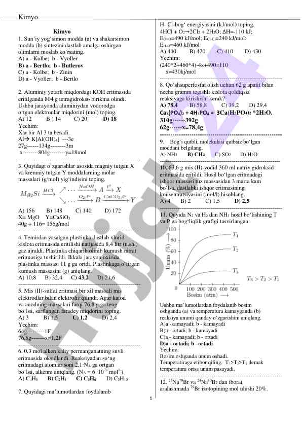 Kimyoviy reaktsiyalar molar massalari va sintezlar