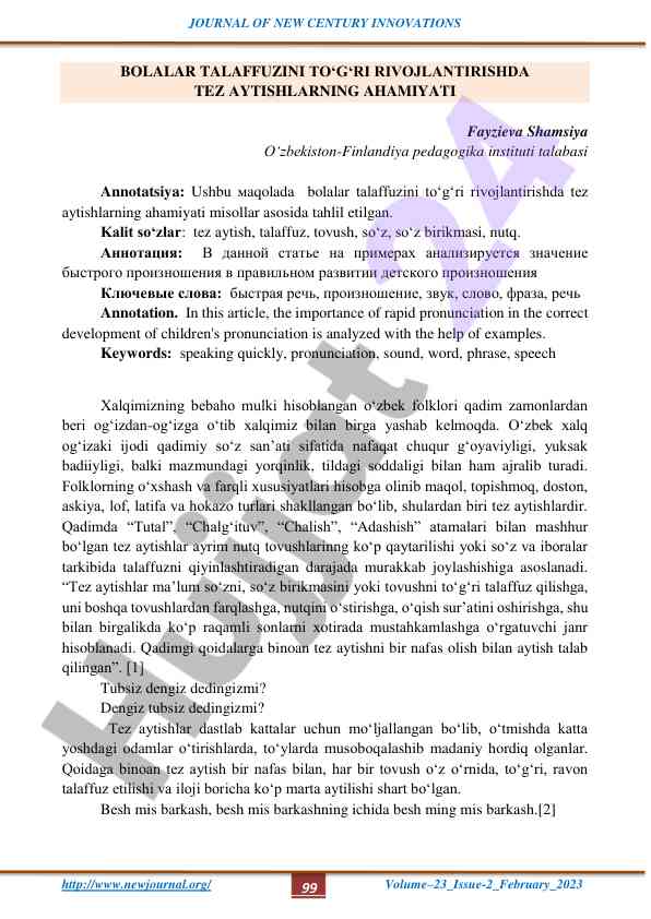 Bolalar talaffuzini to‘g‘ri rivojlantirishda tez aytishlar