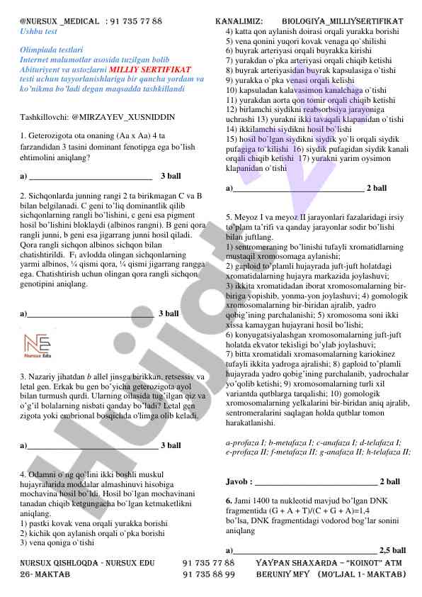 Olimpiada testlari uchun tayyorlanish bo‘yicha test