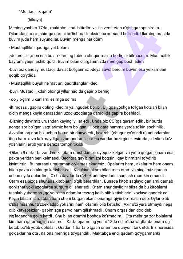 Mustaqillik qadri: hikoya va uning ma'nosi