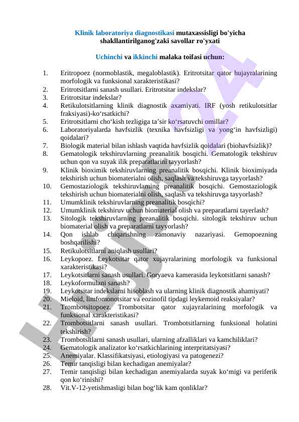 Klinik laboratoriya diagnostikasi savollari ro'yxati