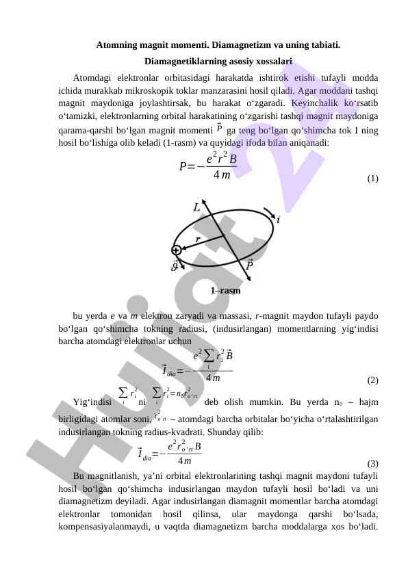 Atomning magnit momenti va diamagnetizm tabiati