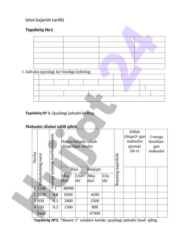 Mahsulot sifatini tahlil qilish bo‘yicha topshiriqlar