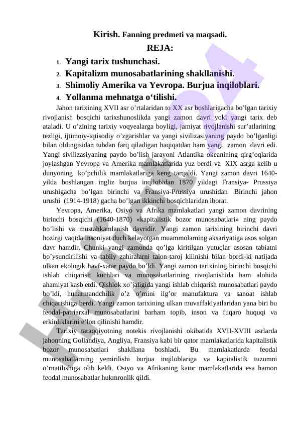 Yangi zamon tarixi va uning asosiy muammolari