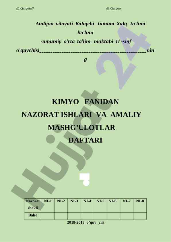 Kimyodan nazorat ishlari va amaliy mashg’ulotlar notebook