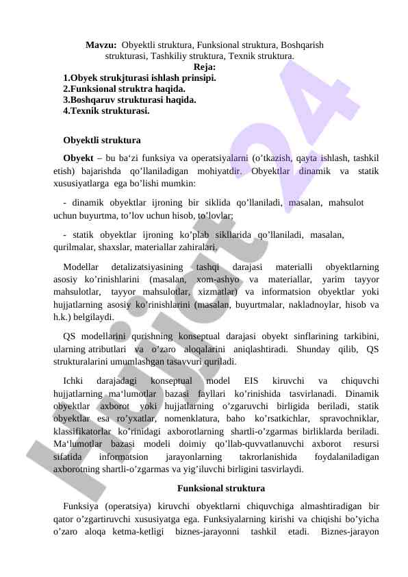 Obyektli va funksional strukturani o‘rganish