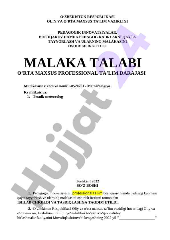 Meteorologiya mutaxassisligi malaka talabi