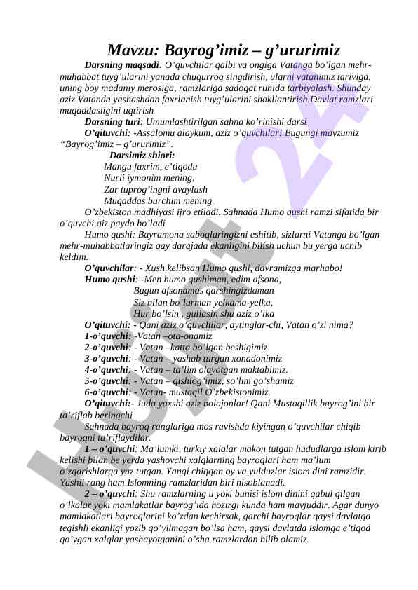 Bayrog’imiz – g’ururimiz dars ishlanmasi